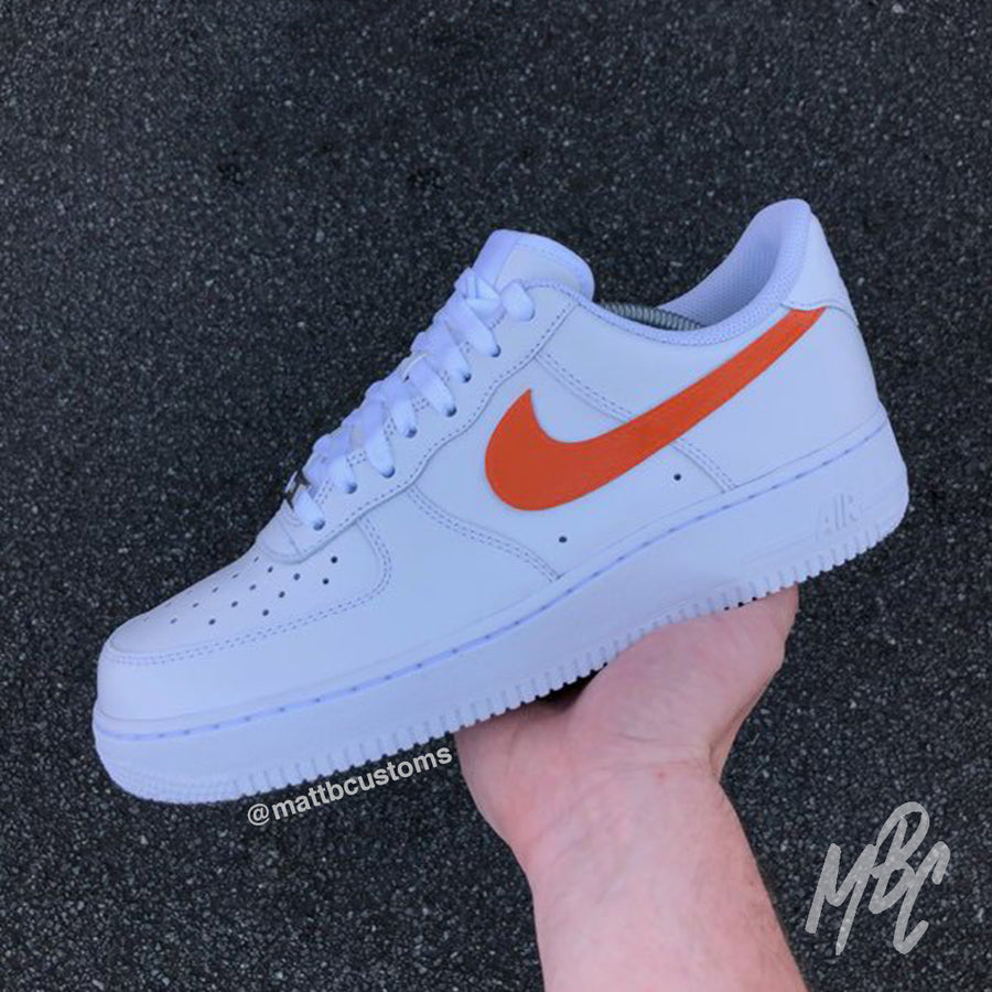Nike Air Force 1 Hand Painted Colour Swoosh / Tick Custom Trainers. Available in Any Colour Inlcuding; Tangerine, Light Blue, Red, Blue, Stone Pink