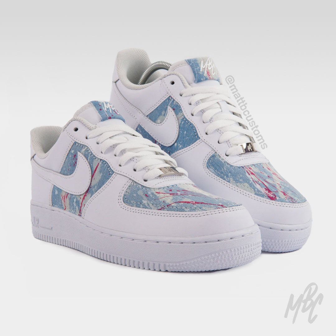 Blue Acid Wash Paint Splat Denim - Air Force 1 Custom Nike Sneakers