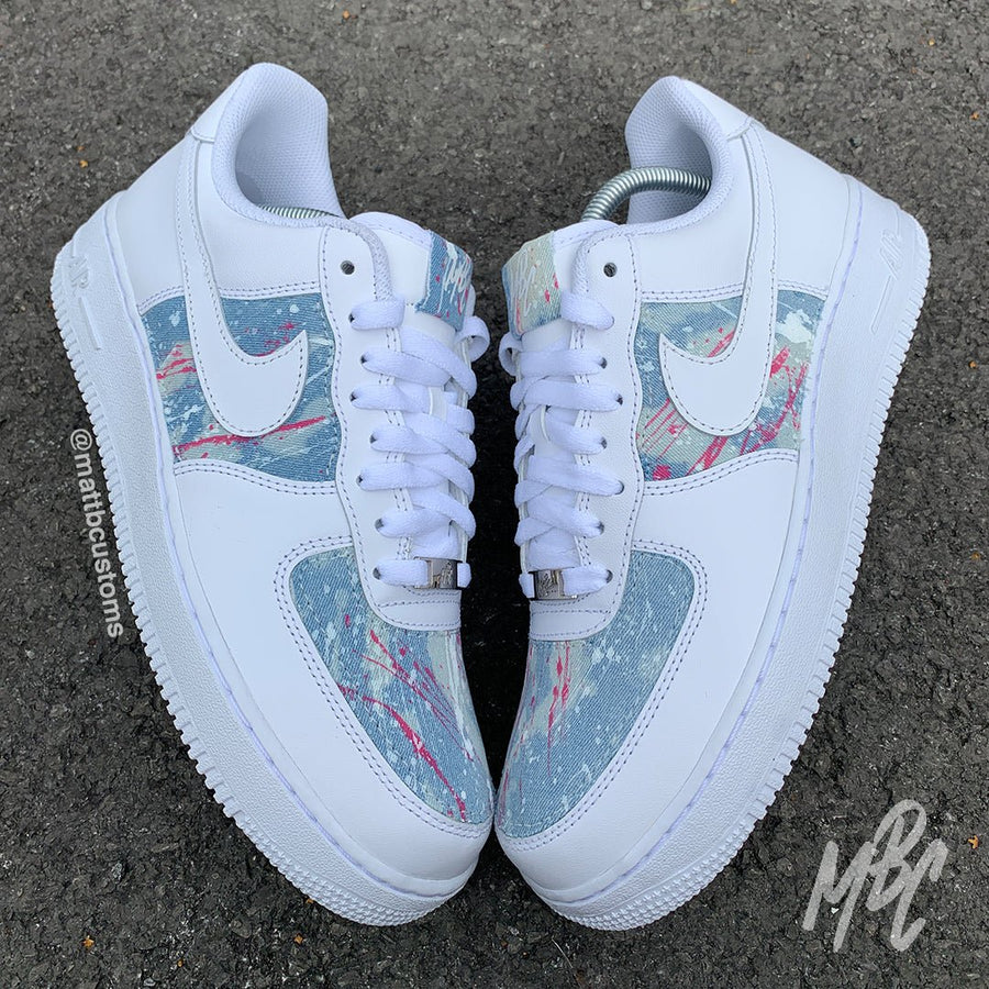 Blue Acid Wash Paint Splat Denim - Air Force 1 Custom Nike Sneakers