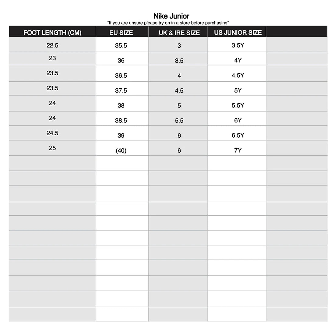 Nike junior shoe clearance size guide