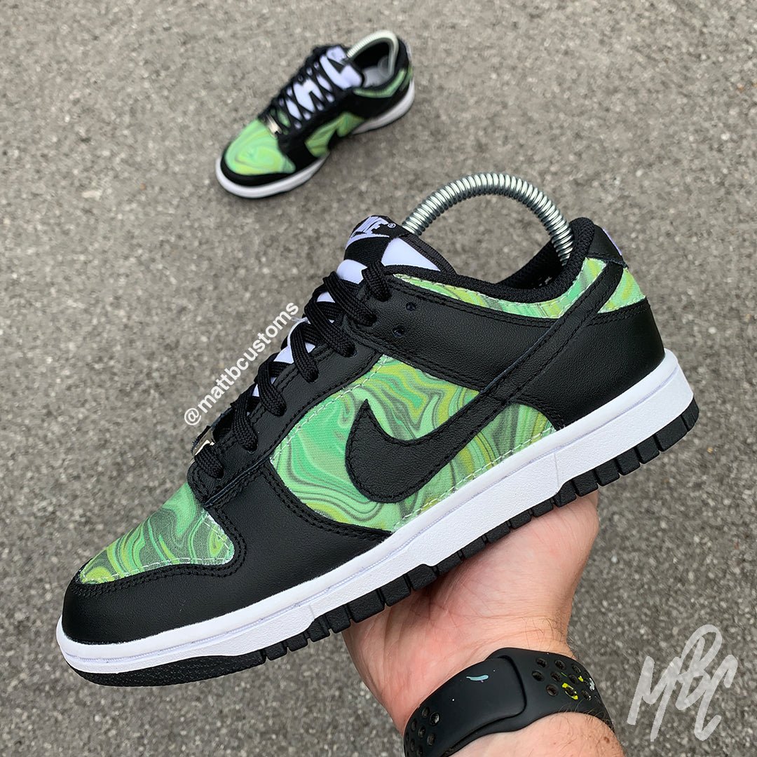 Custom Nike Dunk Low 'Multiple Swooshes' Black White Green - SoleSnk