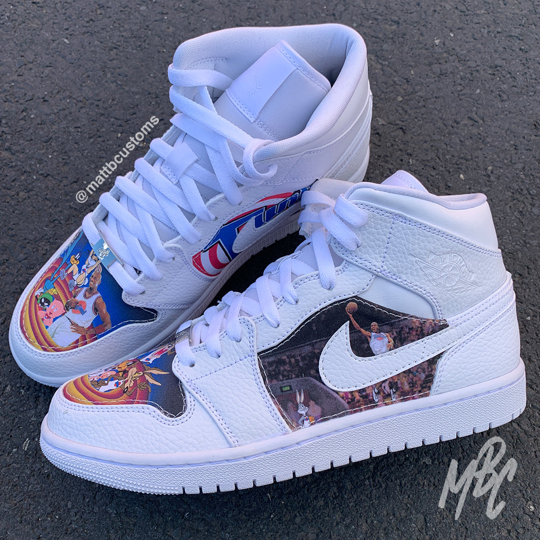 NIKE JORDAN 1 CUSTOM TRAINERS WITH TUNE SQUAD DESIGN PRINTED ONTO MATERIAL AND STITCHED BACK ONTO THE SHOES